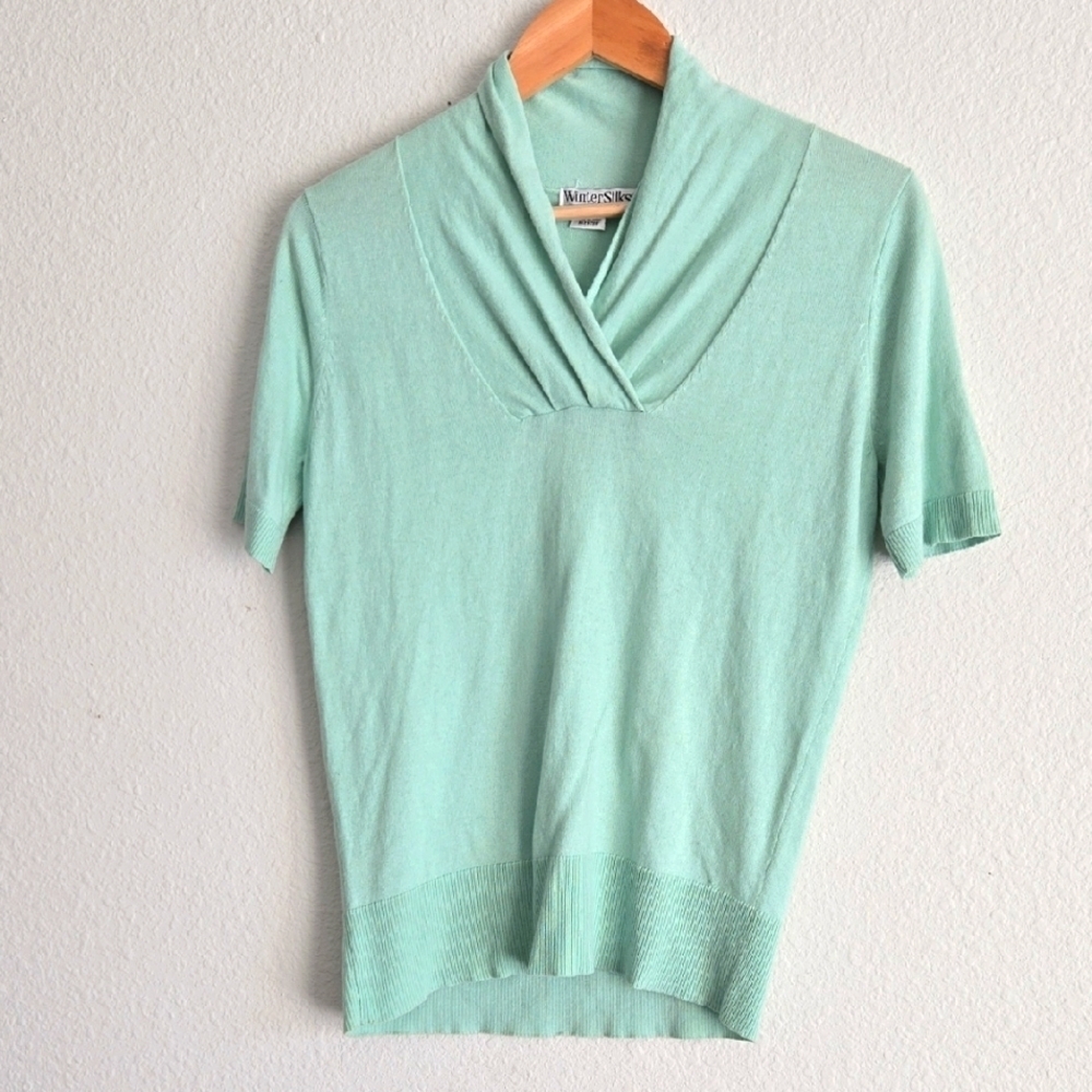 WinterSilks Light Green Silk-Cashmere Blend Short Sleeve Sweater